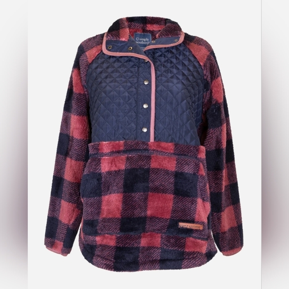 Simply Southern Sweaters - Simply Southern Quilted Fleece Buffalo Plaid Pullover Merlot & Navy Sx XL
